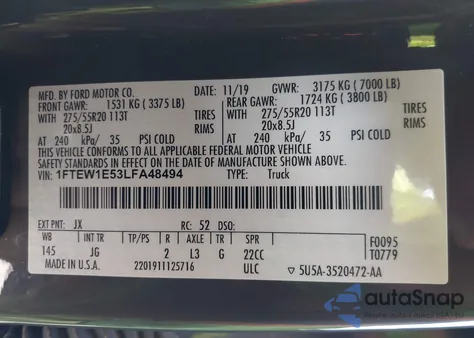 2020 Ford F-150 Xl z USA, uszkodzony, nr VIN 1FTEW1E53LFA48494